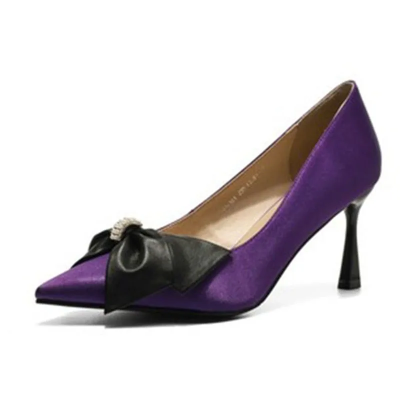 

Женские туфли из воловьей кожи, простая и роскошная шелковая обувь с бантом, на тонком высоком каблуке, элегантные туфли с ремешком из волов...