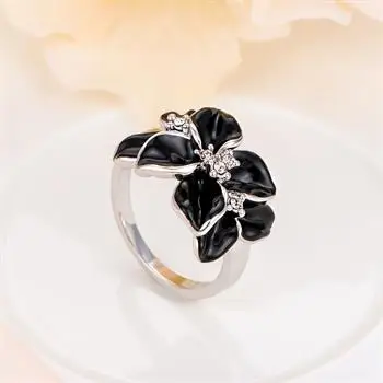 

Women Fashion Jewelry Flower Rings Black Enamel Rings Crystal Rings
