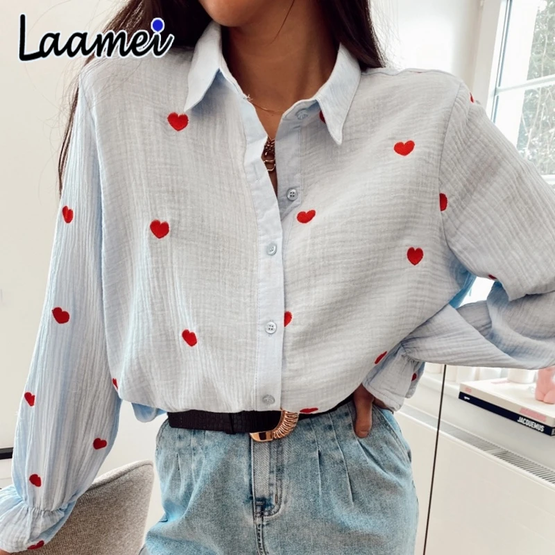 

Laamei Fashion Casual Turn Down Collar Blouses Women Elegant Long Ruffles Sleeve Shirts Women Red Heart Embroidery Tops Ladies