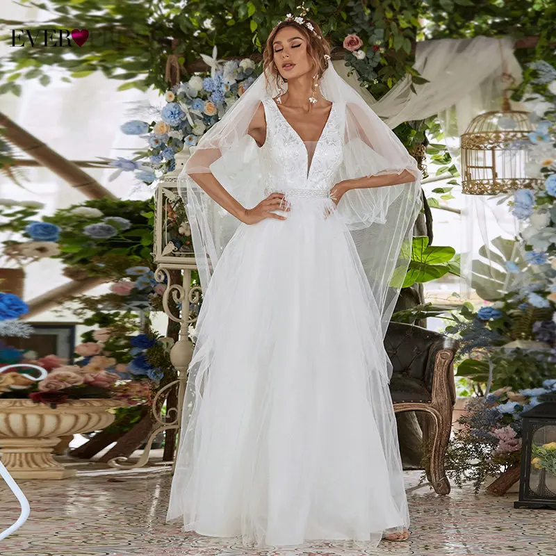 

Vintage White Wedding Dress Ever Pretty Elegant Ball Gown Feathers Lace V-Neck Sequin Bride Dress Vestidos Mujer Verano 2021