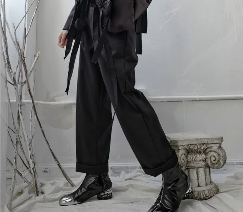

[EAM] High Waist Bandage Black Pleated Long Wide Leg Trousers New Loose Fit Pants Women Fashion Tide Spring Autumn 2021 1S236