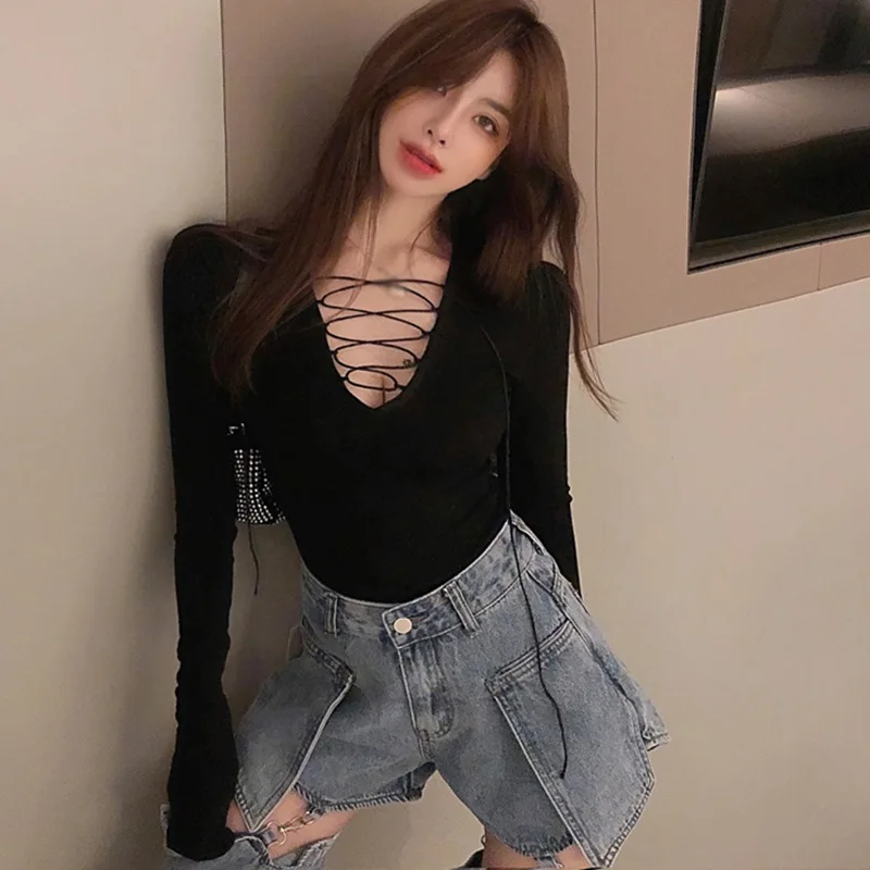 Женские футболки Сексуальная футболка с глубоким v-образным вырезом тонкая