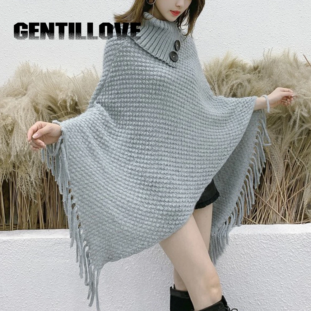 

Gentillove Autumn Fashion Women's Knit Turtle Neck Poncho with Button Irregular Hem Pullover Crocheted Long Red Grey Sweaters
