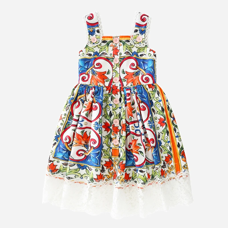 

Y.L.STUDIO Kids Girls Fashion Dress Summer Lace Button Design Toddler Children Girls Dresses Sleeveless Cotton Baby Dress