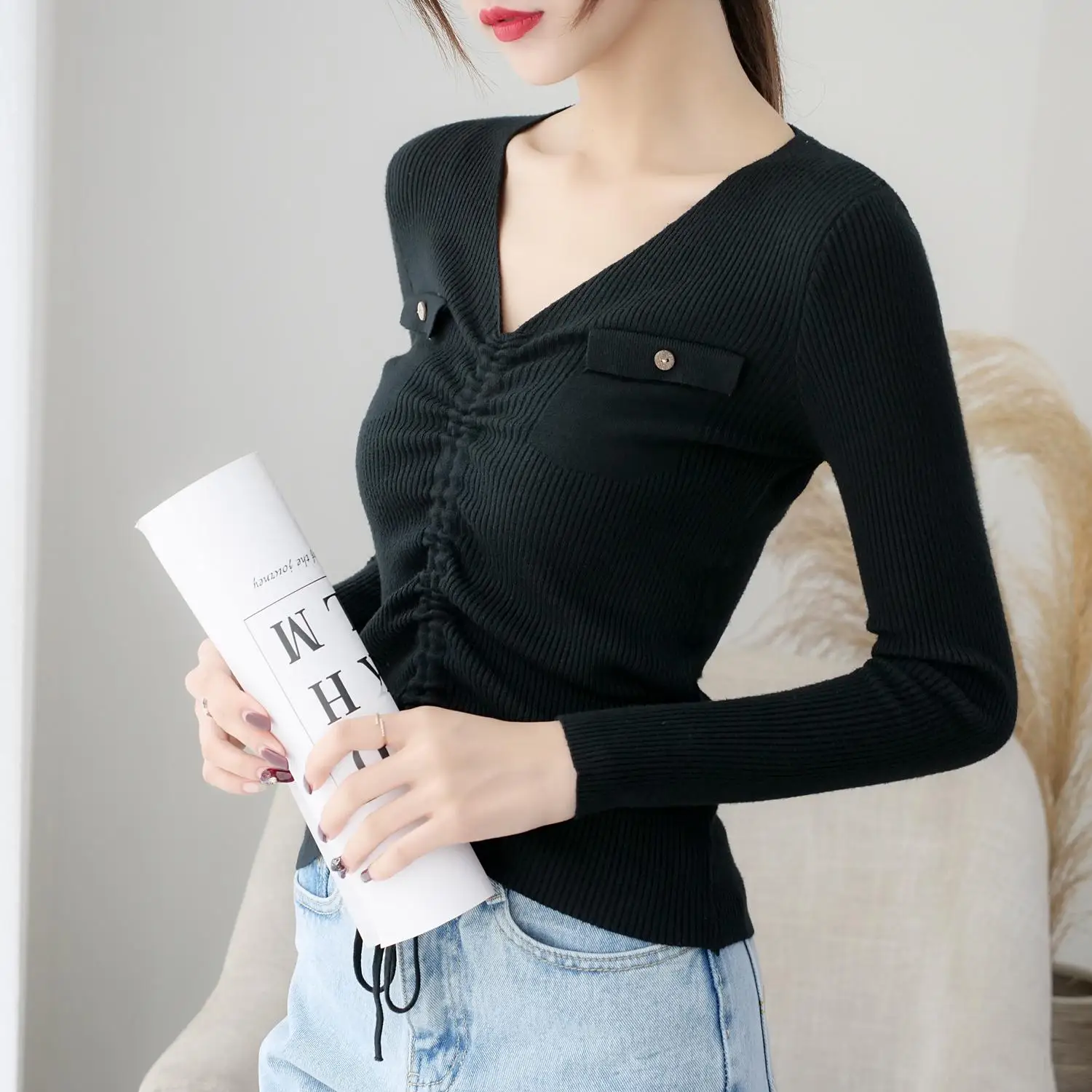 ladies sweater women autumn winter tops clothes trui dames 2019 knitted pullover knitwear draw string bow sweaters female F0933 | Женская