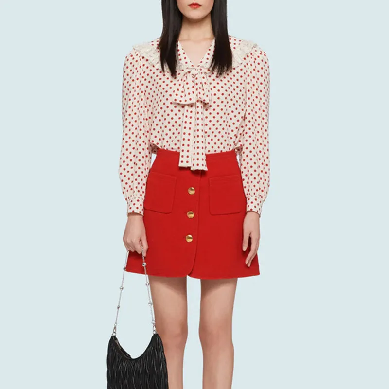 

Red Dot White Blouse Women Lace Spliced Lapel Collar Bow Long Sleeve Shirt 2021 Spring Puff Sleeve Top Blusas Para Mujer Tops