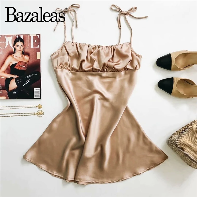 Женское шелковое платье Bazaleas элегантное на тонких бретельках винтажное мини с