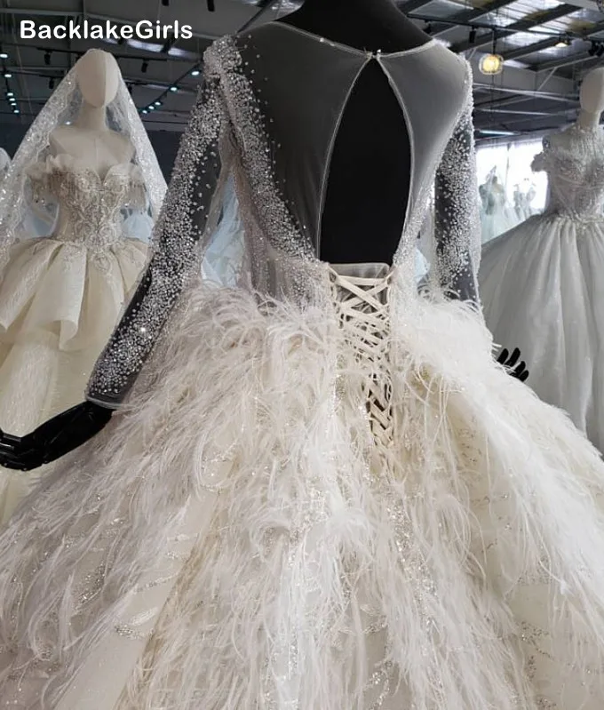 Высокая Класс Свадебные платья с длинными рукавами и головной повязкой пером 2020