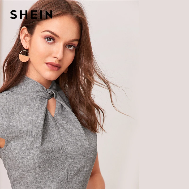 SHEIN, серое, с вырезом, с закручивающимся спереди, с коротким рукавом, расклешенное длинное платье для женщин, летнее, с воротником-стойкой, на молнии, сзади, элегантное платье трапециевидной формы