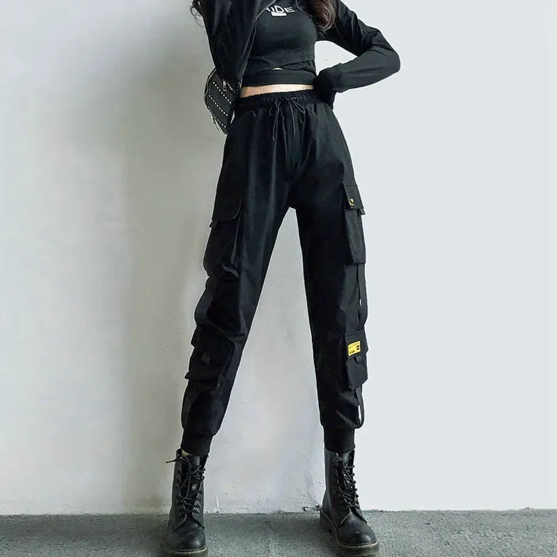 

Women's Cargo Pants Black Ribbon Pocket Jogger Elastic Waist High Streetwear Harajuku Pant Punk Females Trousers Harem Pants