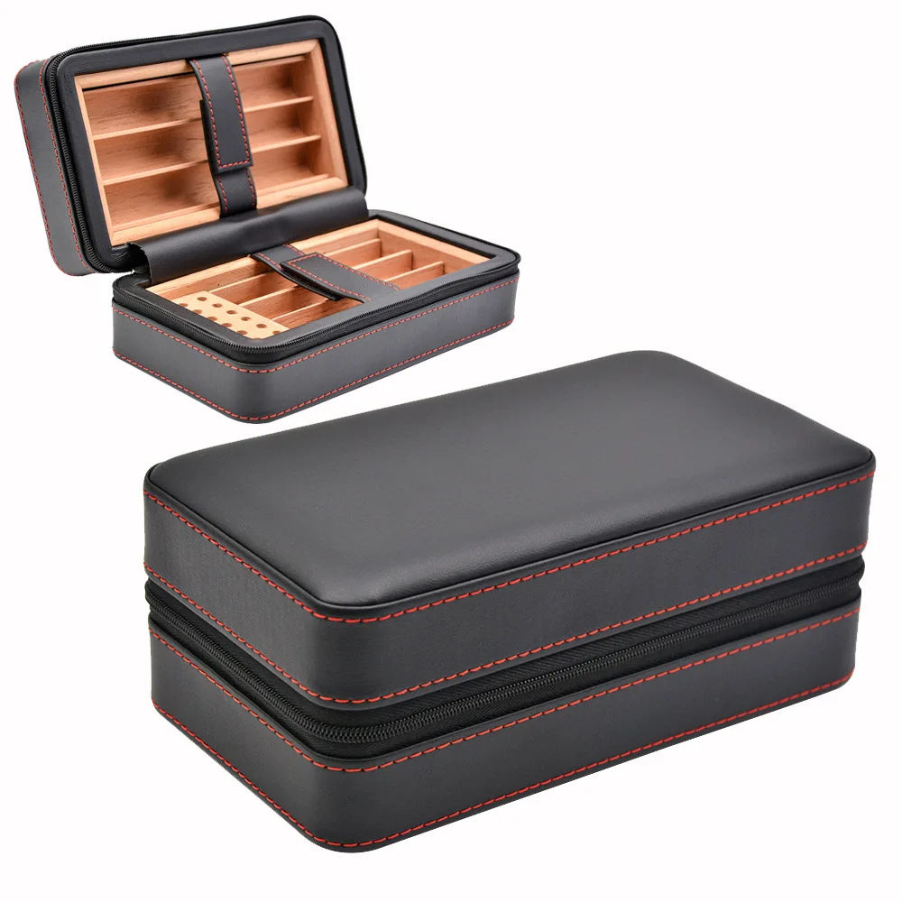 

6 pack cigar box cigarette box portable travel leather box cedar solid wood cigar moisturizing box