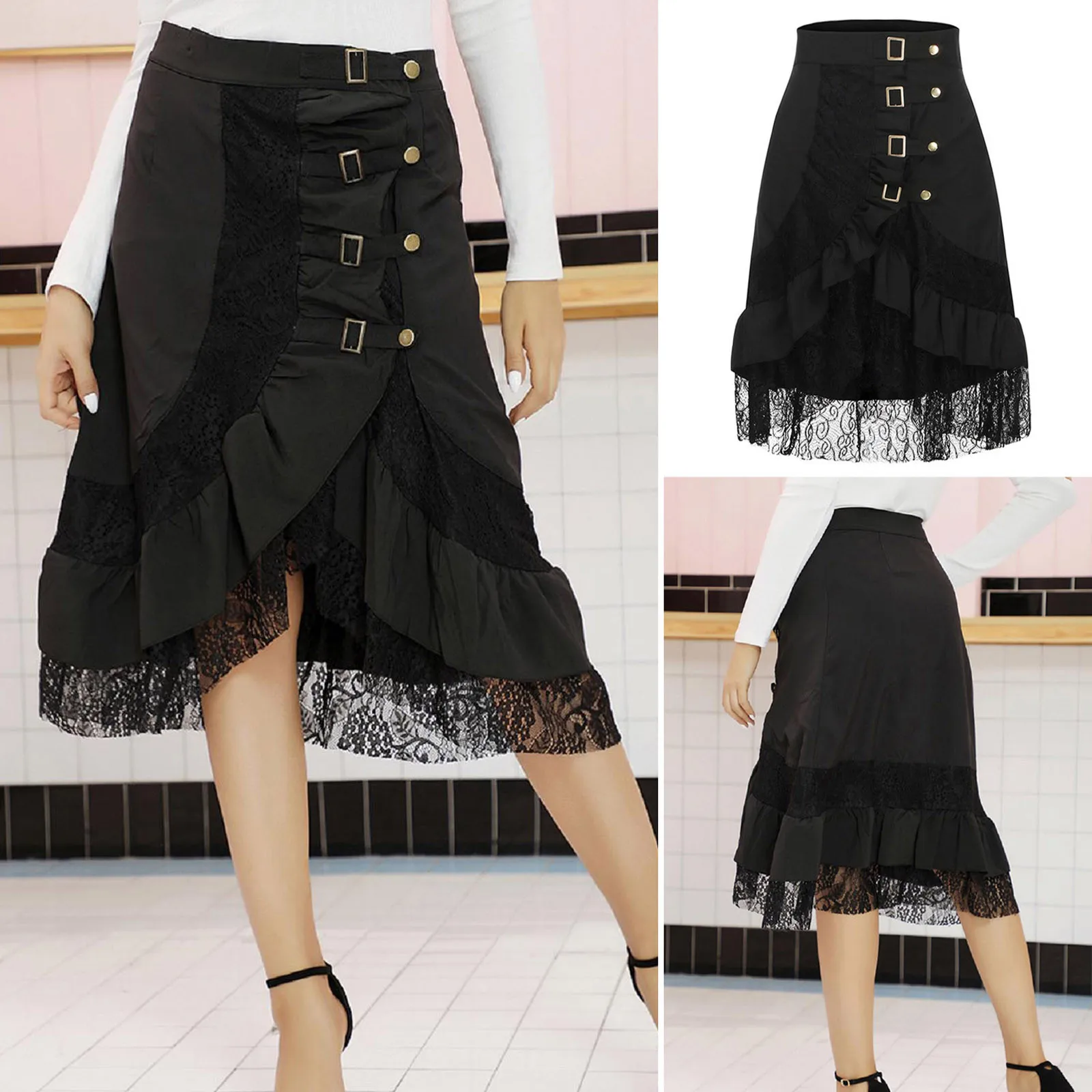 Женская юбка в стиле стимпанк Черная кружевная повседневная ретро готическом