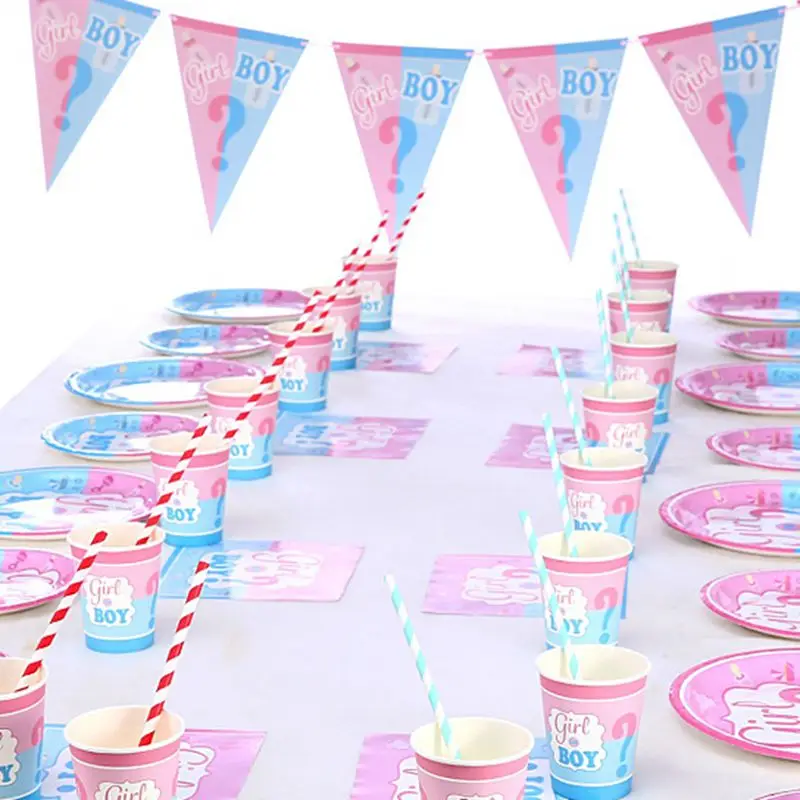 

65Pcs Gender Reveal Disposable Tableware Set Boy Or Girl Plate Napkin Gender Reveal Baby Shower Party Decorations Supplies