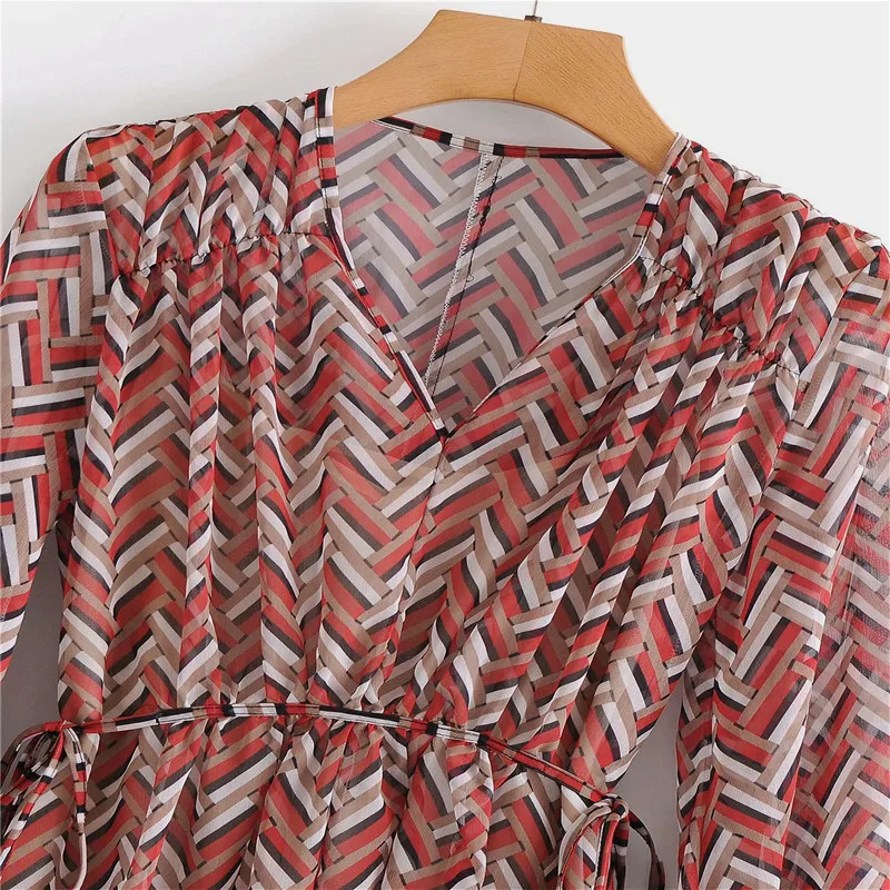 

2021 Za Vintage Ethnic Print Midi Dress Women Long Puff Sleeve Pleated Elegant Dresses Adjustable Cord Inner Lining Vestidos