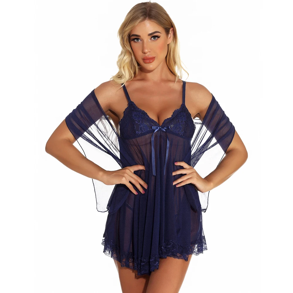

S-6XL Sexy Lingerie Erotic Costumes Lingerie for Women Babydoll Chemise Mesh Sleepwear Dress + Shawl + G String