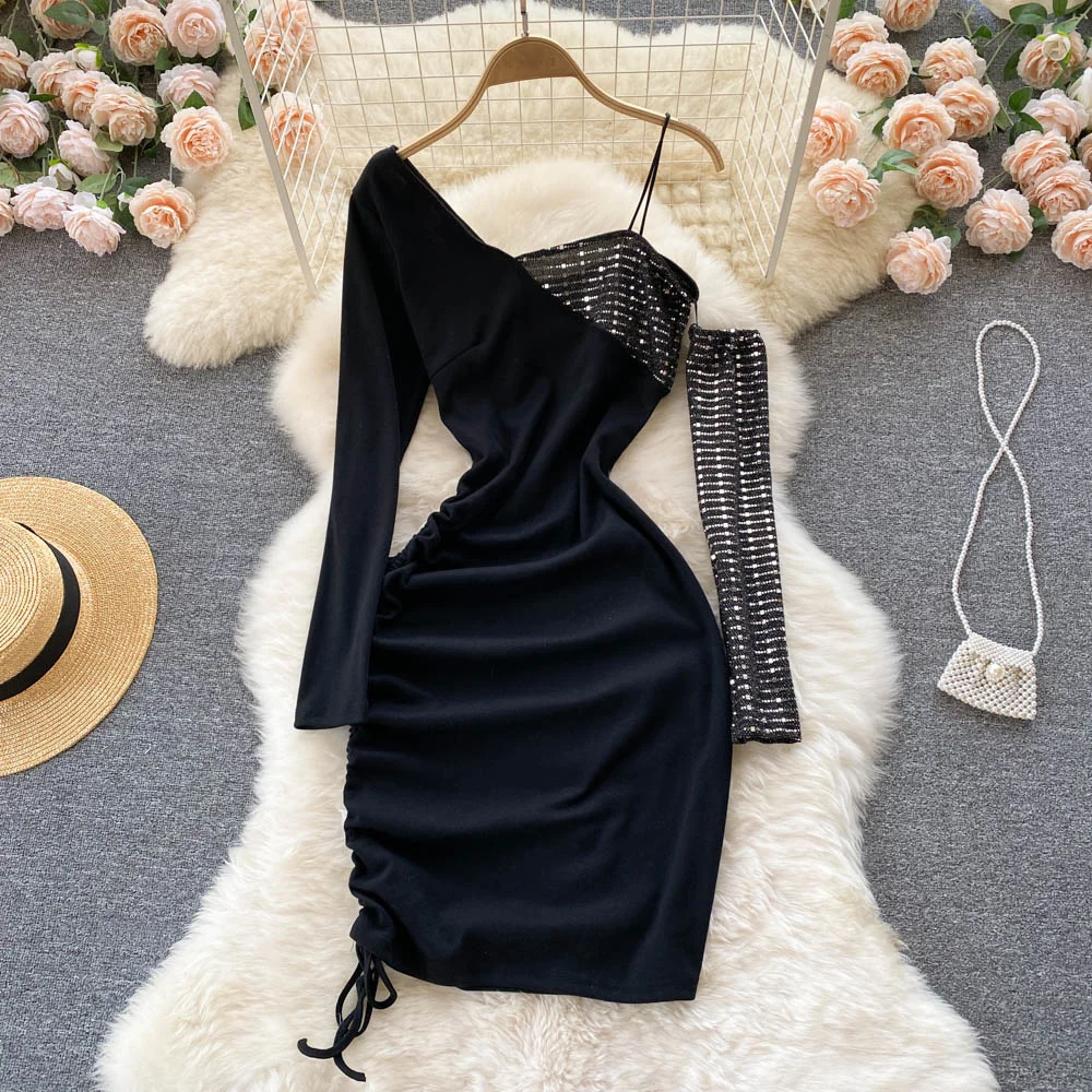 

ZCSMLL Women Oblique Collar Off-shoulder Sequin Design Dress Long Sleeve New Arrivals Lady Sexy Fashion Spring Autumn 2021