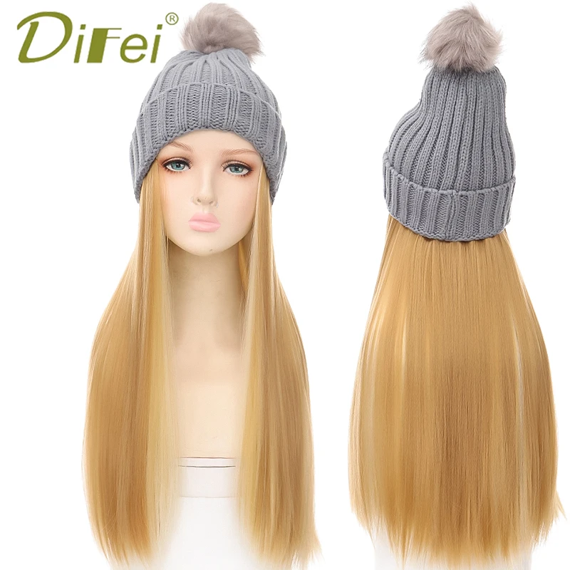 DIFEI Synthetic knitted hat long straight hair hat wig with hair ball 45CM autumn and winter warm female wig hat