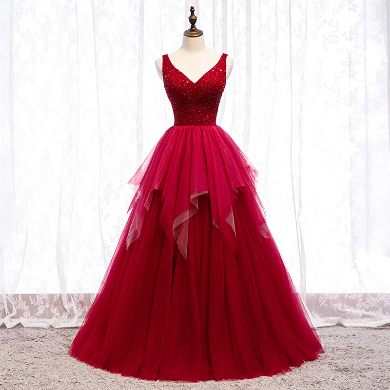 

Burgundy Tulle Ball Gown Junior Prom Dress V Neck Sleeveless Long Dresses Teens Prom Estidos Para Fiestas De Gala Evening Gown