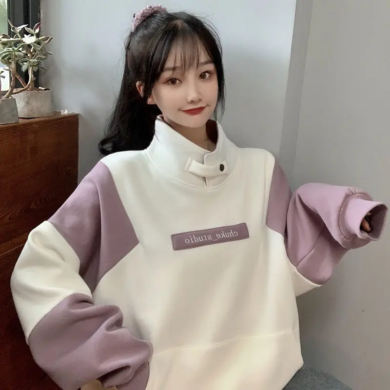 

Japanese Preppy Oversized Sweatshirts Pullover Women Loose Autumn Winter Fleece White Purple Pocket Turtleneck Letter Clothes