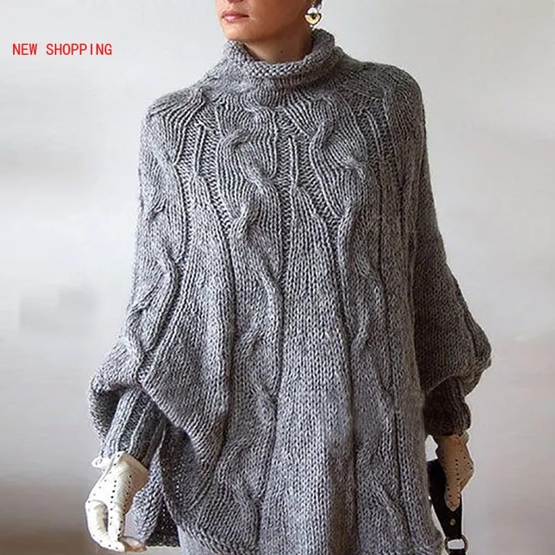 

Solid Pollover Poncho Sweater Women Turtleneck Batwing Sleeve Knitted Cloak Sweater Grey Korean Fashion Winter Loose Knitwear