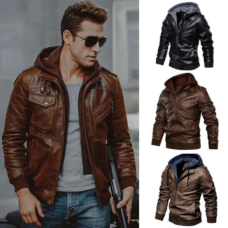 Мужская куртка из искусственной кожи зимняя в стиле панк с капюшоном однотонное