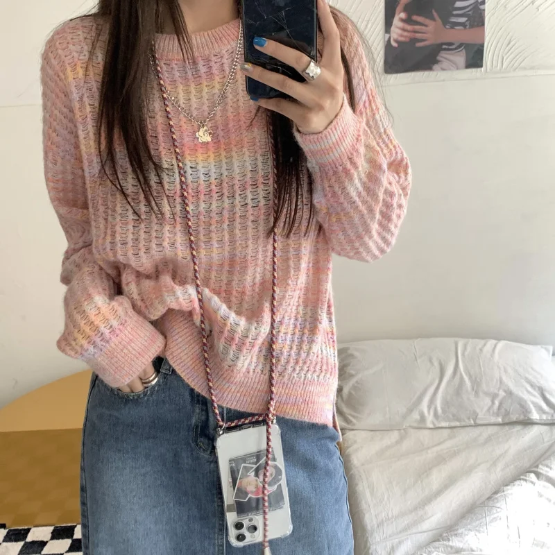 

Лидер продаж 2021, Осенний женский свитер HziriP, Радужный французский винтажный нежный свободный милый Модный повседневный Универсальный мини...