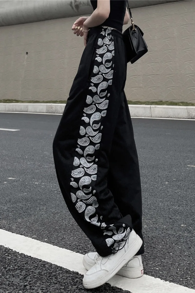 

Casual leggings women summer ins high street cashew flower stitched straight trousers loose high waist thin pants tide