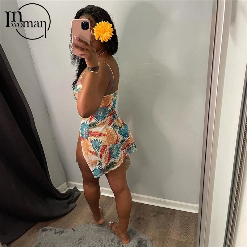 

Inwoman Sexy Summer Mini Dress Women Ladies Club Party Short Dress Hollow Out Backless Side Slit Print Sleeveless Bodycon Dress