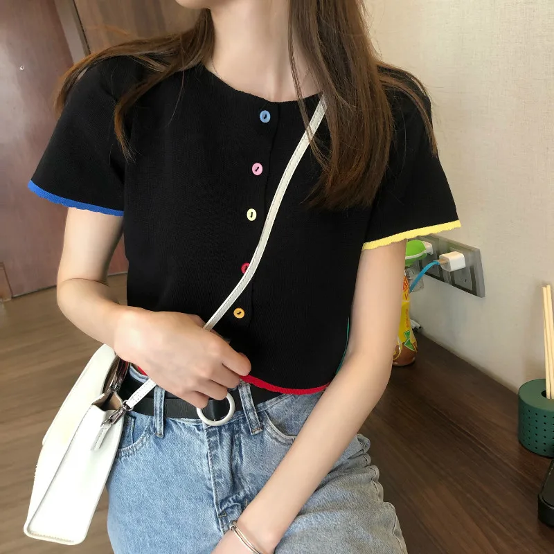 

Summer Thin Knitted T-shirt Short Sleeves Loose Lovely Buttons Brief Paragraph Coat Female 2021 New Fashion Clothing Wholesale