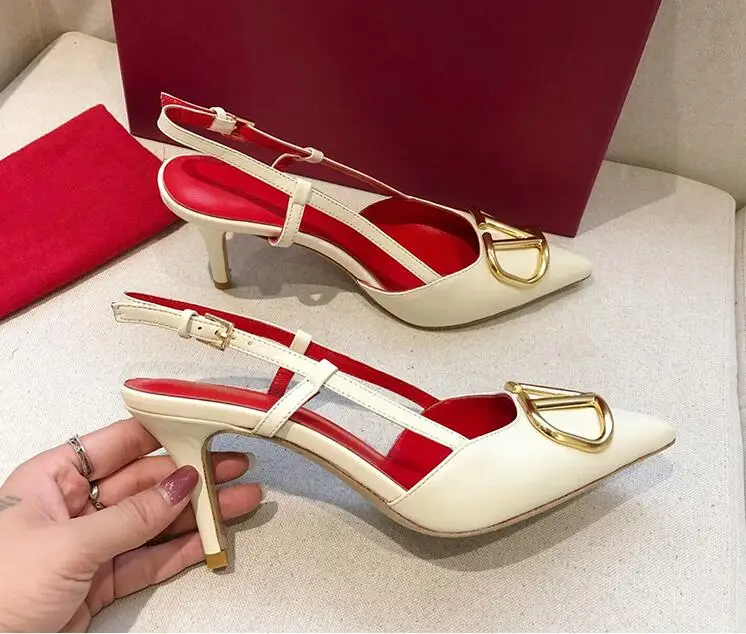 

new women brand sandal real leather high heel shoes Meta V logo 6cm 8cm thin heel pointed toe wedding shoes 35-42 dust bag