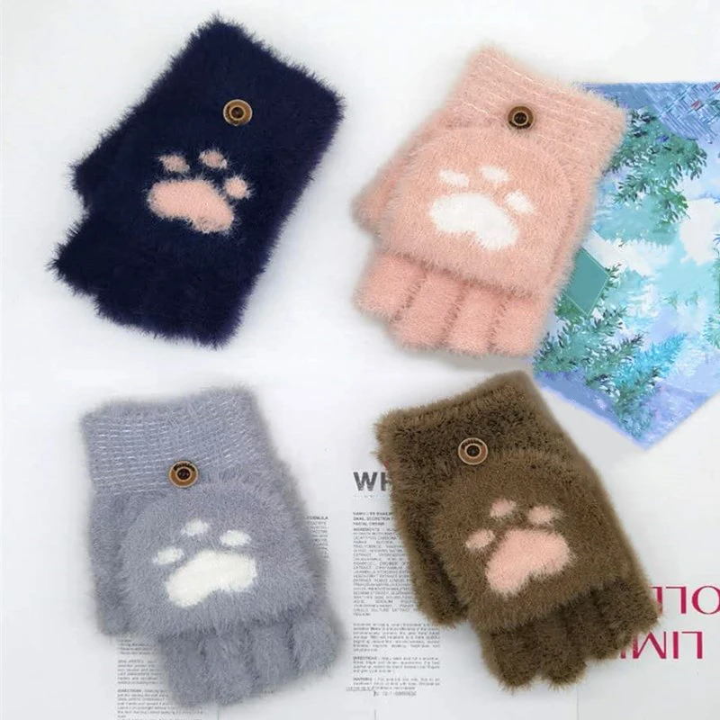 

Lovely Fluffy Cat Paw Plush Fingerless Gloves Women Soft Winter Warm Half Fingers Gloves Female Girls Mittens