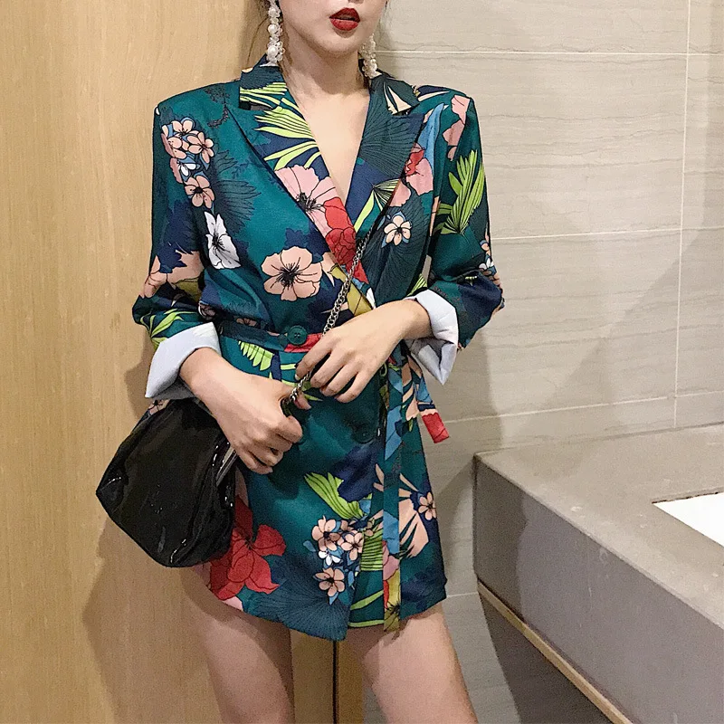 

Jane Deiune 2021 New Spring Autumn Women Fashion Floral Print Mid Long Style Blazer Lady Vintage Elegant Streetwear Slim Outwear