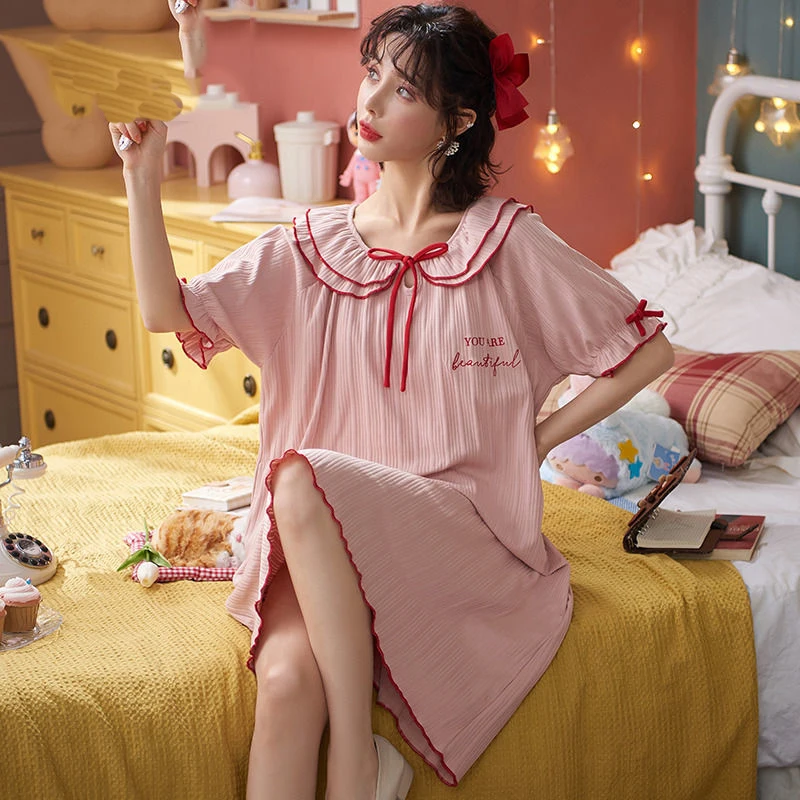 New Pajamas Women's Spring and Summer Plus Size Pajamas Round Neck Cute Loose Thin Home Service Night Gown Soft