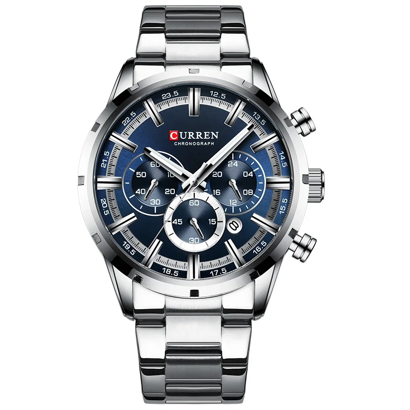 Silver Blue Часы для мужчин Curren лучший бренд класса люкс спортивные мужские кварцевые часы полный стальной водонепроницаемый хронограф наручные часы мужские Relogio Masculino - Цвет: Silver Blue