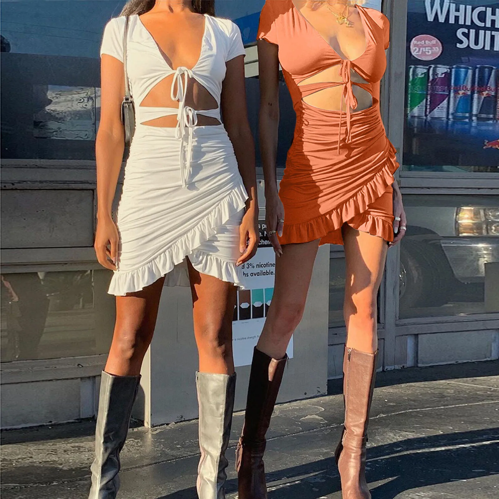 

40# Solid Color Ruffled Dress Woman Irregular Mini Slim Dress Hollow Out Bandage Bodycon Sexy Wrap Hip Dress Woman Clothing