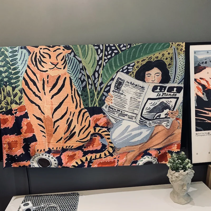 

Nordic Animal Series Design Hanging Tapestry Background Cloth Boho Decor Wall Cloth Tapestry Jungle Tiger Girl