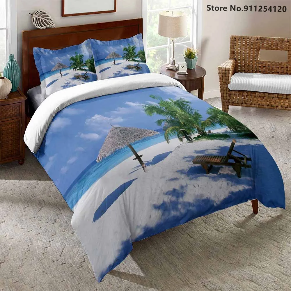 Summer Beach Coconut Bedding Sets Palm Tree Duvet Cover 2/3 Piece Queen King Double Single Bed Sea Scenery | Дом и сад