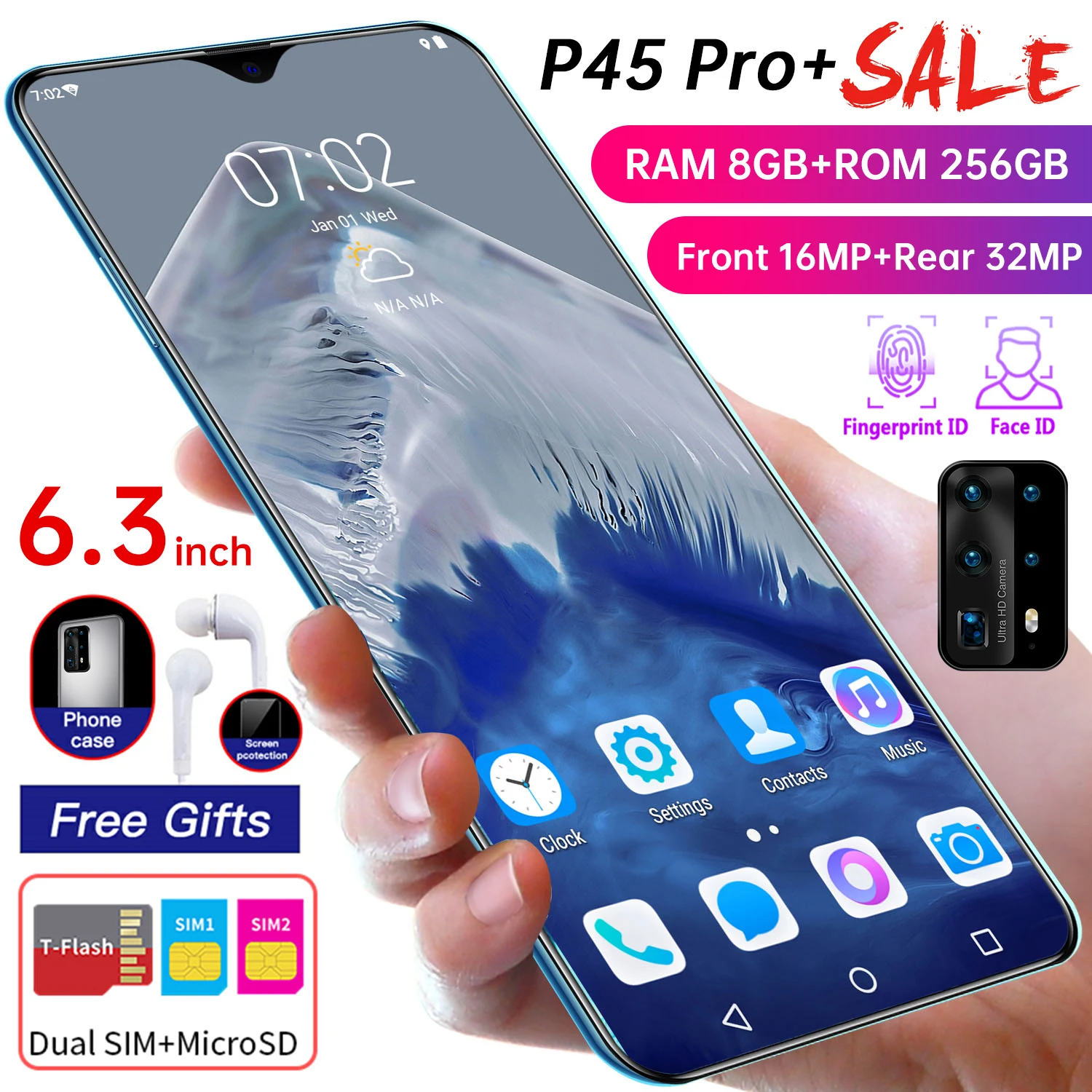 

Cellphone P45 Pro Global Version 5G Android 10.0 6.3 Inch Screen 8GB 256GB 16MP 32MP Camera Face ID Removable Battery