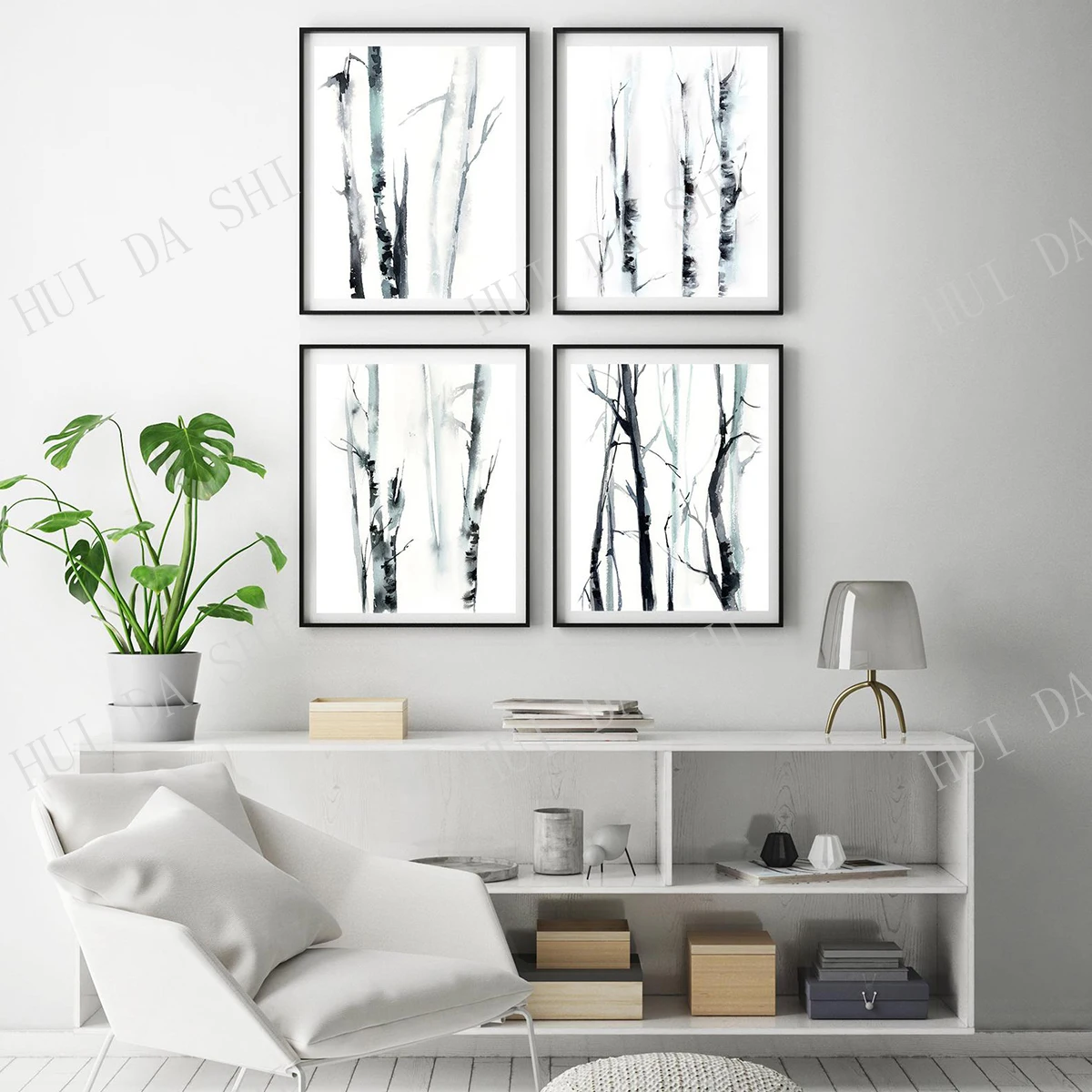 

Birch Trees 4 Prints Set, Gallery Wall Set of 4 Fine Art Prints, Black Grey Trees Minimalist Print Set, Trees Trucks Painting