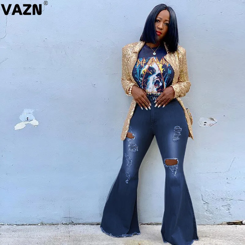 VAZN Hot Sale fashion women Dark Blue Color Jean Boot Cut Pants Office Lady Long Denim Sexy Club Wide Leg Jeans |