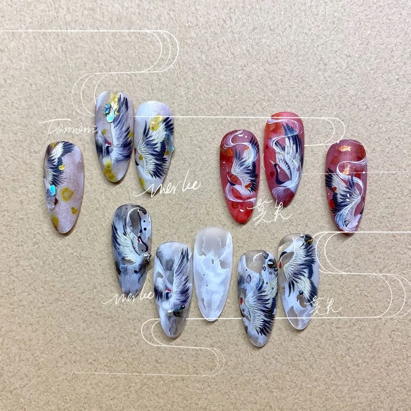 

Red-crowned Crane Chinese Style Design 3D Adhesive Nail Art Stickers 5D Embossed Reliefs Nail Decals Wholesale Drop Shipping