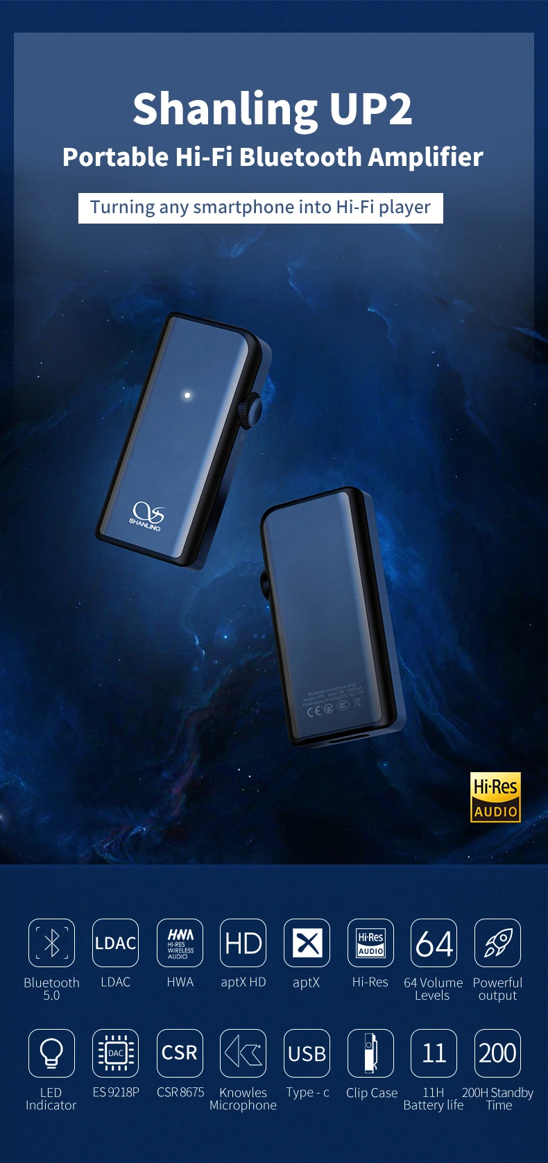 AK Shanling UP2 высокопроизводительный Bluetooth 5,0 APTX-HD портативный ESS hifi-усилитель для наушников кабель усилителя мощности изменение M0