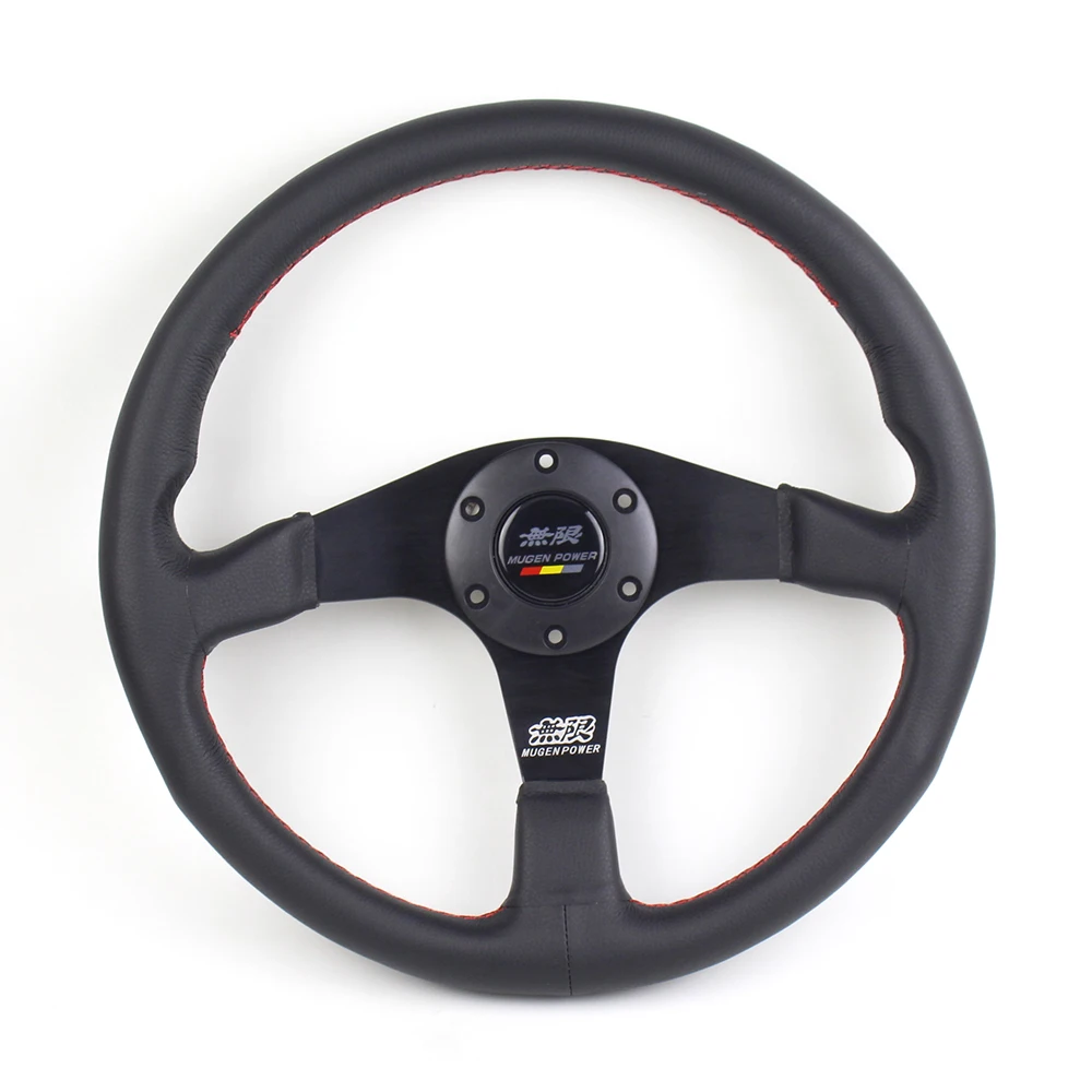 Кожаное рулевое колесо Mugen 350 мм черное спицевое плоское Спортивное Рулевое для