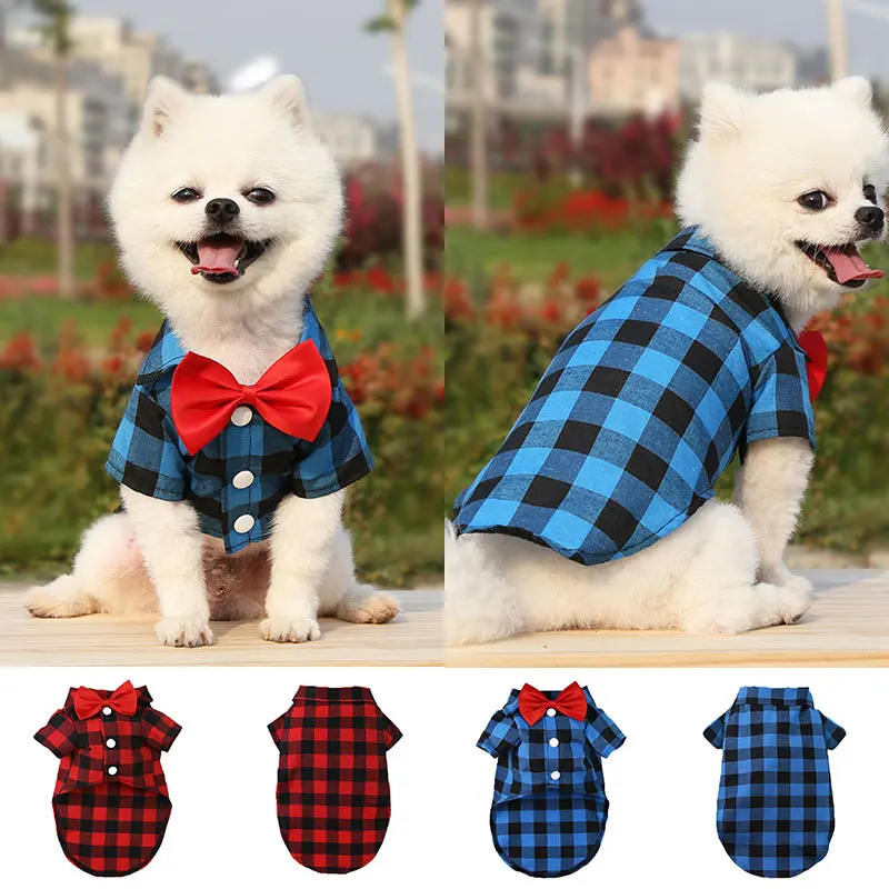 

Plaid Pets Clothes Small Medium Large Dogs Shirt Suit Wedding Dress French Bulldog Pug Corgi T-shirt with Bow Tie Pets Costume