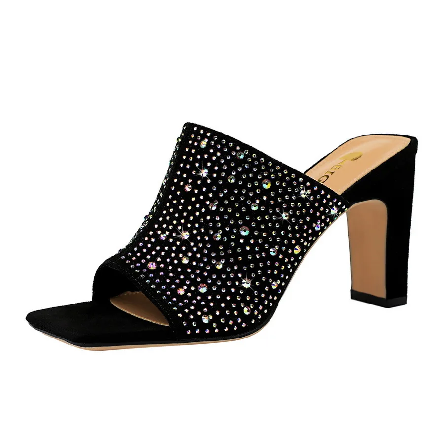 

Fashion Show Thin High Heel Color Diamond Slippers Thick Heel Fish Head Suede One-character Rhinestone Slippers for Women
