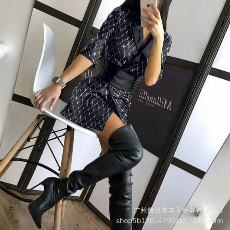 

Mandylandy Women's Sexy Slim Blazers Autumn Fashion Three Quarter Sleeve Solid Color V-Neck Split Long Blazers