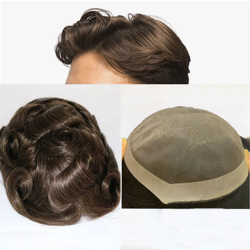 6inch Mens Toupee Lace With PU Wig Brown Brazilian Remy Hair Replacement System Human Hairpieces Toupee For Men