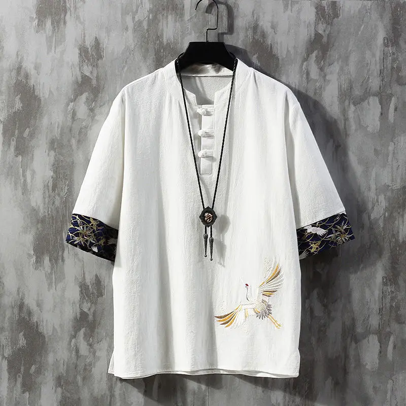 Льняная футболка в китайском стиле с дисковыми пуговицами мужской летний костюм