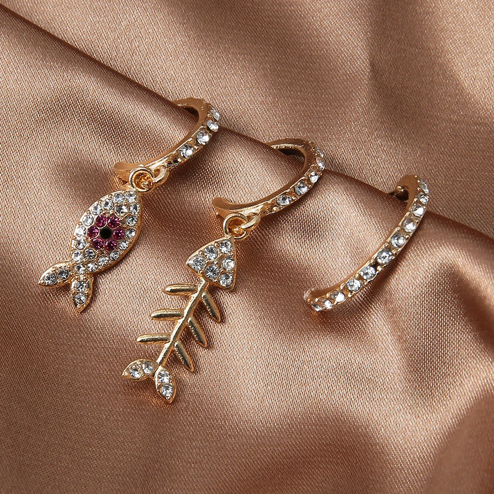 Серьги-подвески JEWDY Boho Fishbone 3 шт./компл. Стразы серьги-подвески в виде рыбы