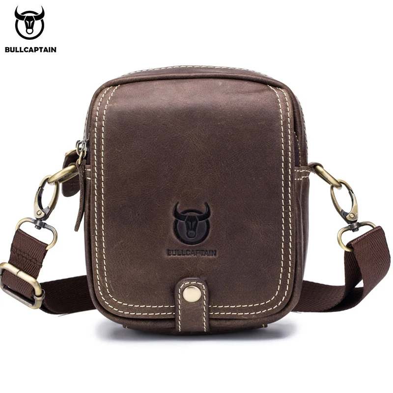 BULLCAPTAIN men's first layer leather shoulder bag mini small male leather crossbody bag casual multi-function shoulder bag
